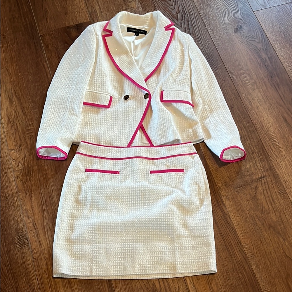Boston Proper White and Pink Trim Suit Set